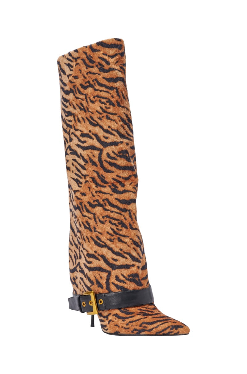 The AZALEA WANG JUST TIGER STILETTO FOLD OVER BOOT is a knee-high boot with a tiger print, pointed toe, and a black leather ankle strap featuring a gold buckle. 5