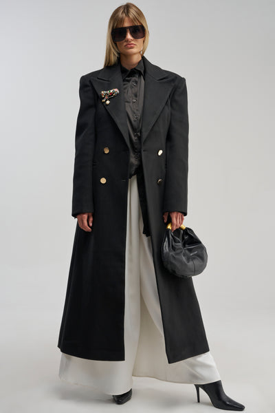 Wool Trench Coat with Silk Lining in Black | AKIRA