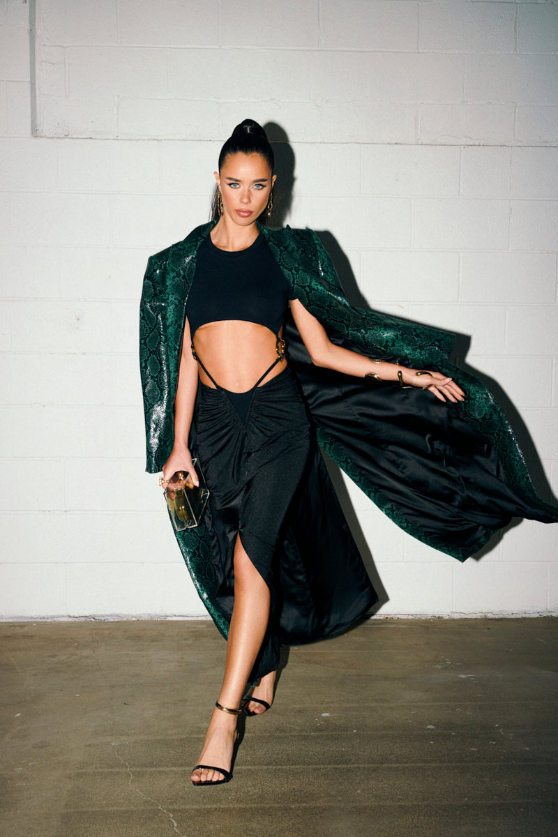 dark green snakeskin dress Embellished Halterneck Maxi Dress in Green Snake