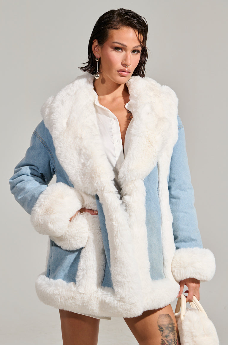 Denim Lace Trim Fur Coat