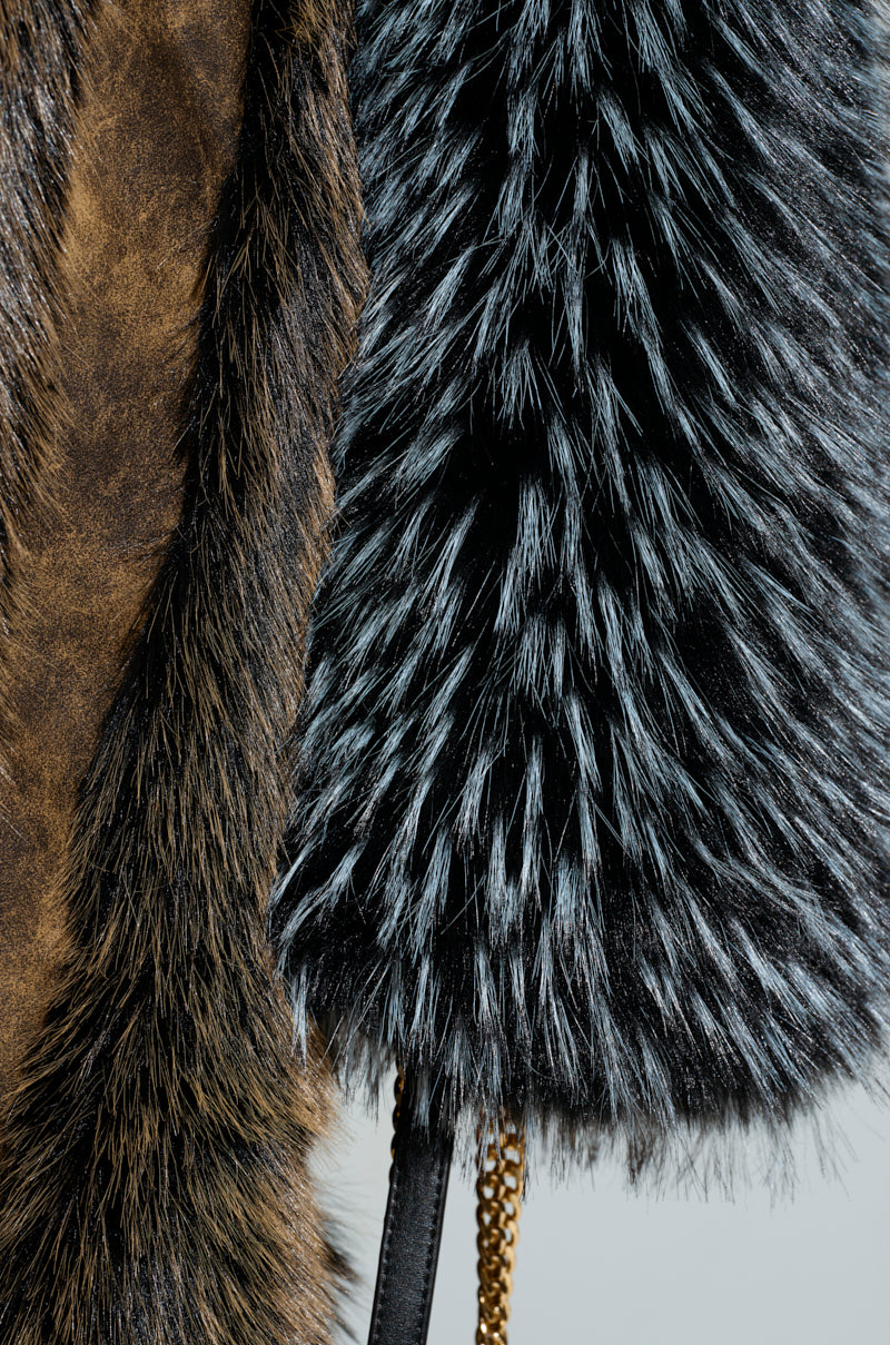 Close-up of two distinct textured fur garments, featuring the CHIARA PANELED FUR COAT in a multi-toned faux fur design in brown, accompanied by another coat with dark gray fur and blue highlights. The image highlights the contrasting textures and colors of these chic faux fur fabrics. 5