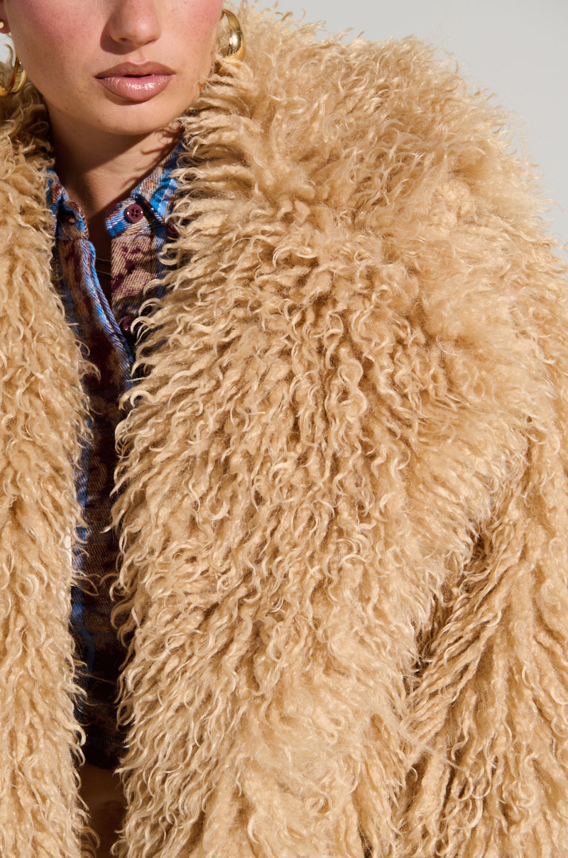 A person in the luxurious JOLENE FAUX FUR COAT and a plaid shirt is partially visible in the cropped silhouette. Their gold hoop earrings catch a subtle light against the plain backdrop, evoking an air of elegance on a winter's night out.
