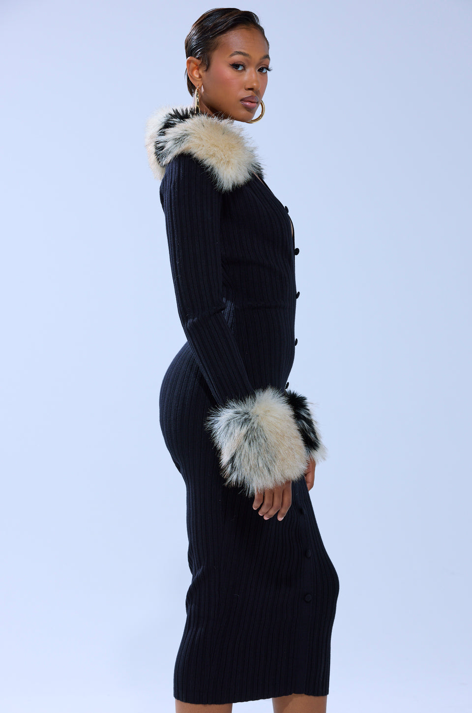 midi dress dress crinkle kombinasi knit import MICHELLE KNIT MIDI DRESS WITH FUR ACCENTS – AKIRA