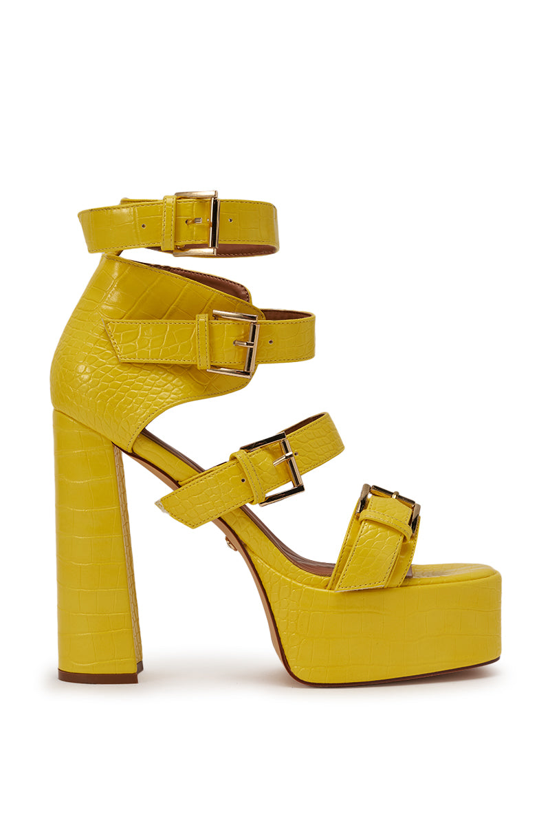 The AZALEA WANG KAELIN YELLOW CROC PU PLATFORM CHUNKY SANDAL features croc-embossed faux leather, four adjustable buckle straps, a chunky block heel, and thick sole for bold style and comfort. 3