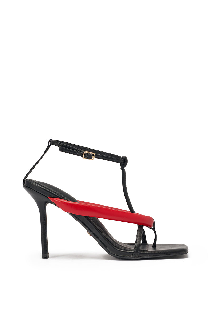 The AZALEA WANG KALIA RED MULTI Puffy Strap Stiletto Sandal is a black high-heeled sandal in luxe faux leather, featuring a thin ankle strap, bold red puffy front strap, square-toe heels, and an elegant minimalist design. 3