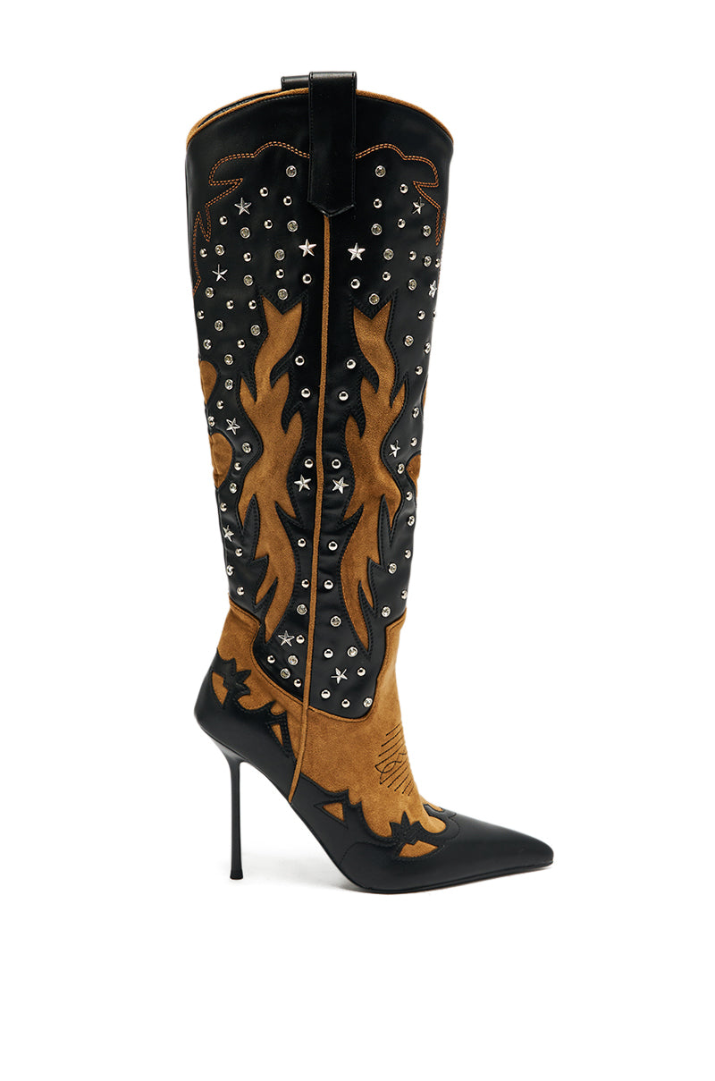 The AKIRA GOLD KALPANAS BLACK MULTI STILETTO WESTERN BOOT is a sleek black stiletto boot with a high heel.