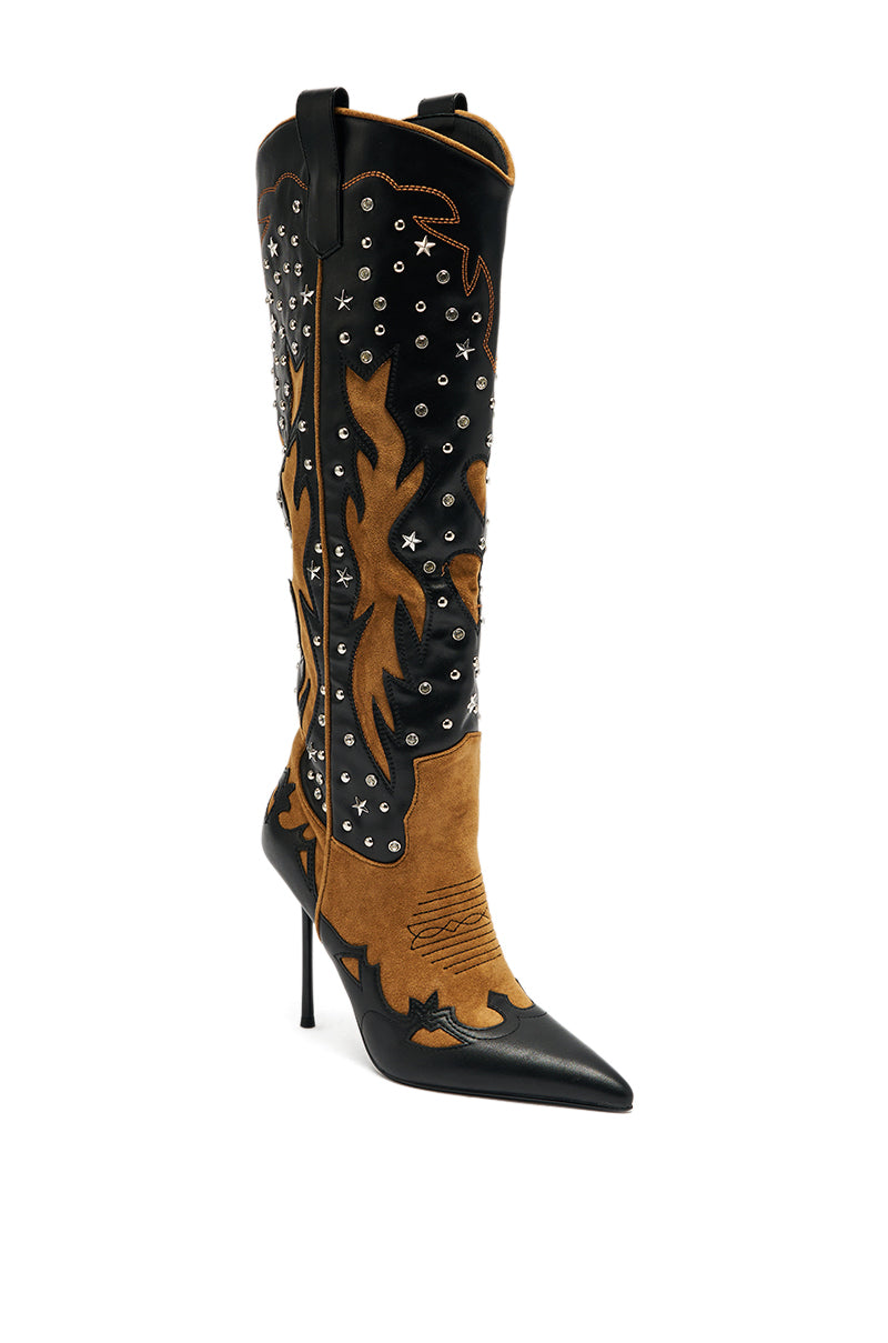 The AKIRA GOLD KALPANAS BLACK MULTI STILETTO WESTERN BOOT features knee-high black leather, brown suede panels, Western embroidery, silver studs, and decorative stitching for bold cowboy-inspired style.