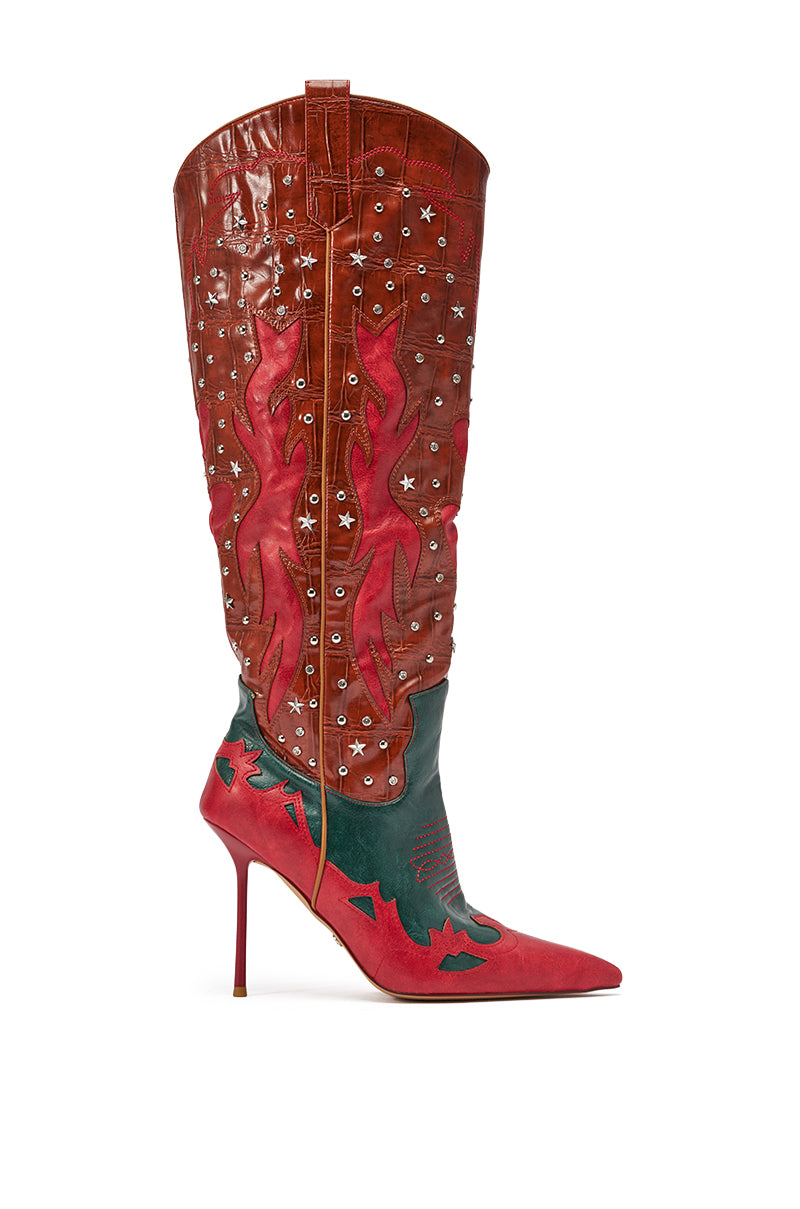 The AZALEA WANG KALPANAS MULTI WESTERN STILETTO BOOT features tall, pointed-toe stiletto heels, bold red, brown, and green leather with flame-like details, white star studs, and a glossy upper for striking western high-fashion style. 3