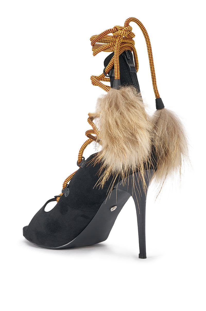The AKIRA GOLD KARLA Olive Faux Suede Fur Embellished Stiletto features an open toe, orange rope laces that wrap up the ankle, and brown faux fur accents at the back and side. 5