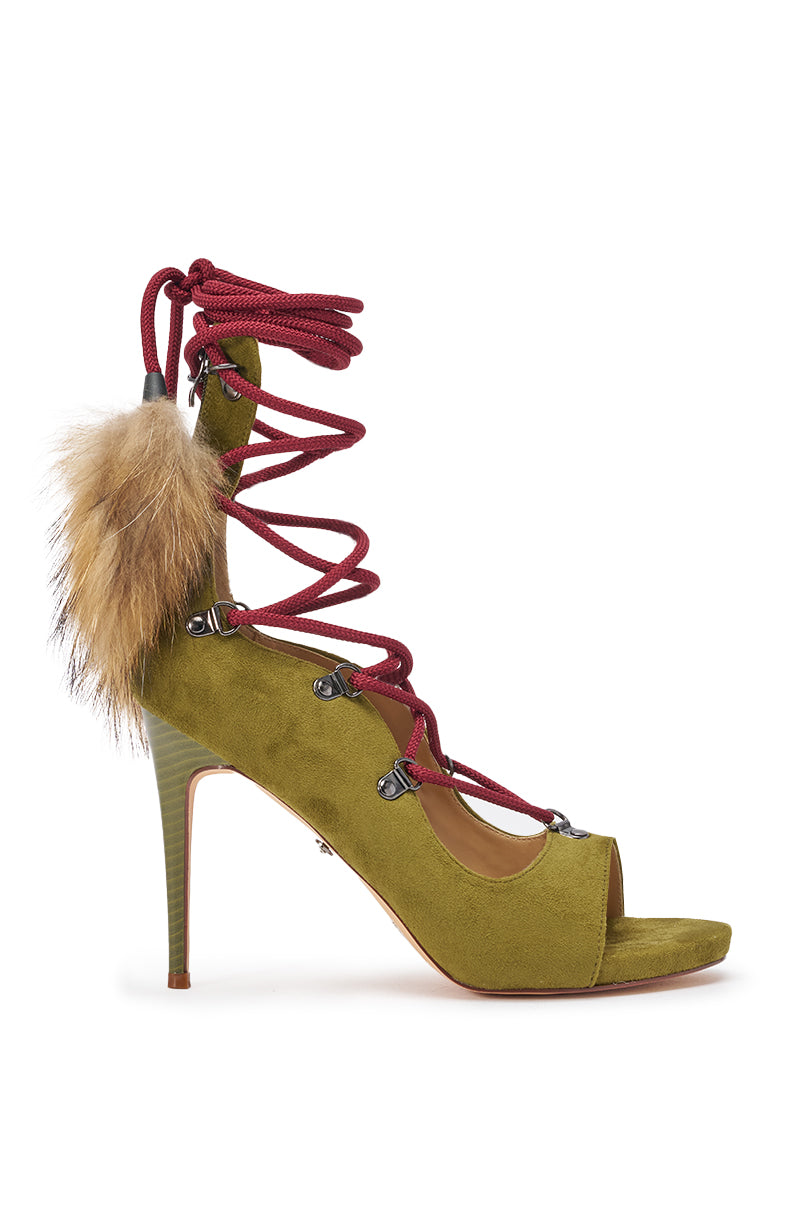 The AZALEA WANG KARLA OLIVE FAUX SUEDE FUR EMBELLISHED STILETTO SANDAL features olive green faux suede, a peep toe, red rope lace-up with silver eyelets, a faux fur ankle accent, and a textured stiletto heel. 4