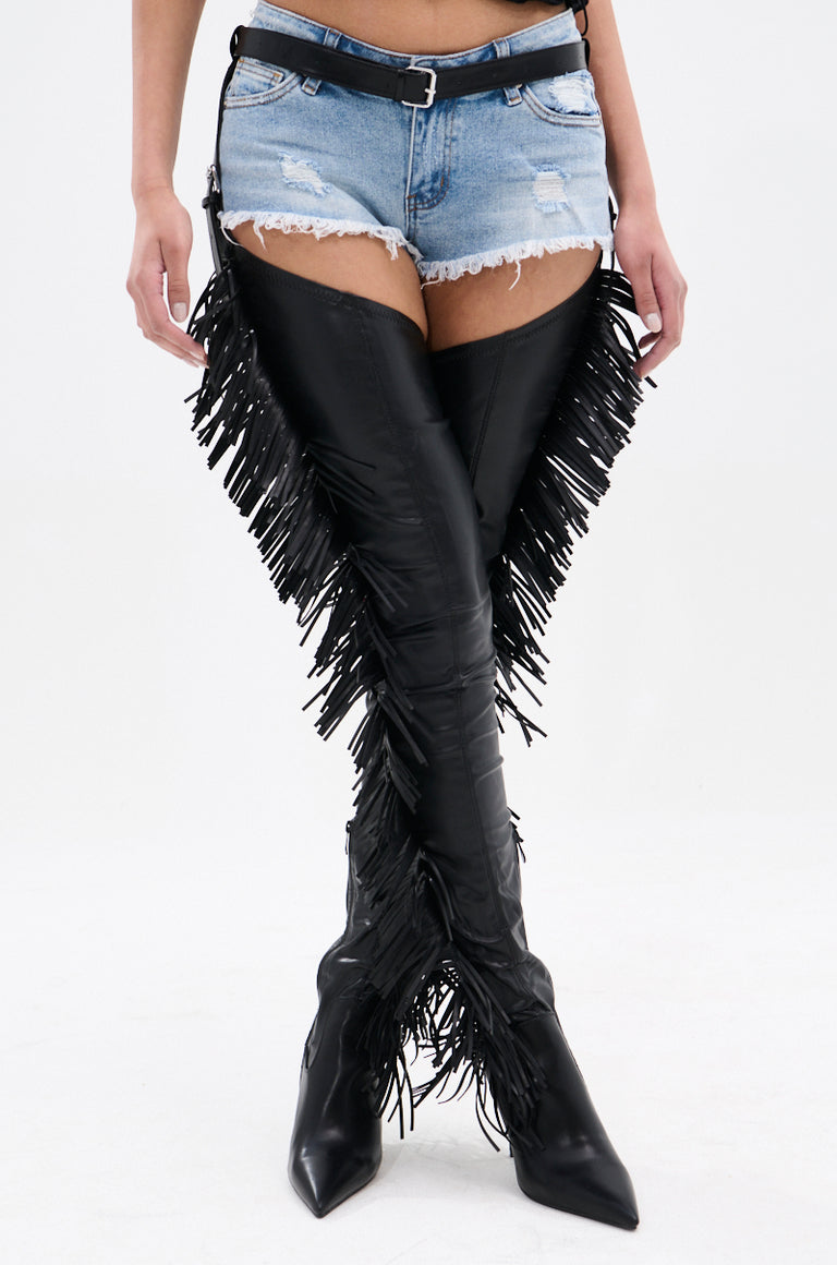 AZALEA WANG KATRICE BLACK STILETTO WESTERN FRINGE CHAP BOOT – AKIRA