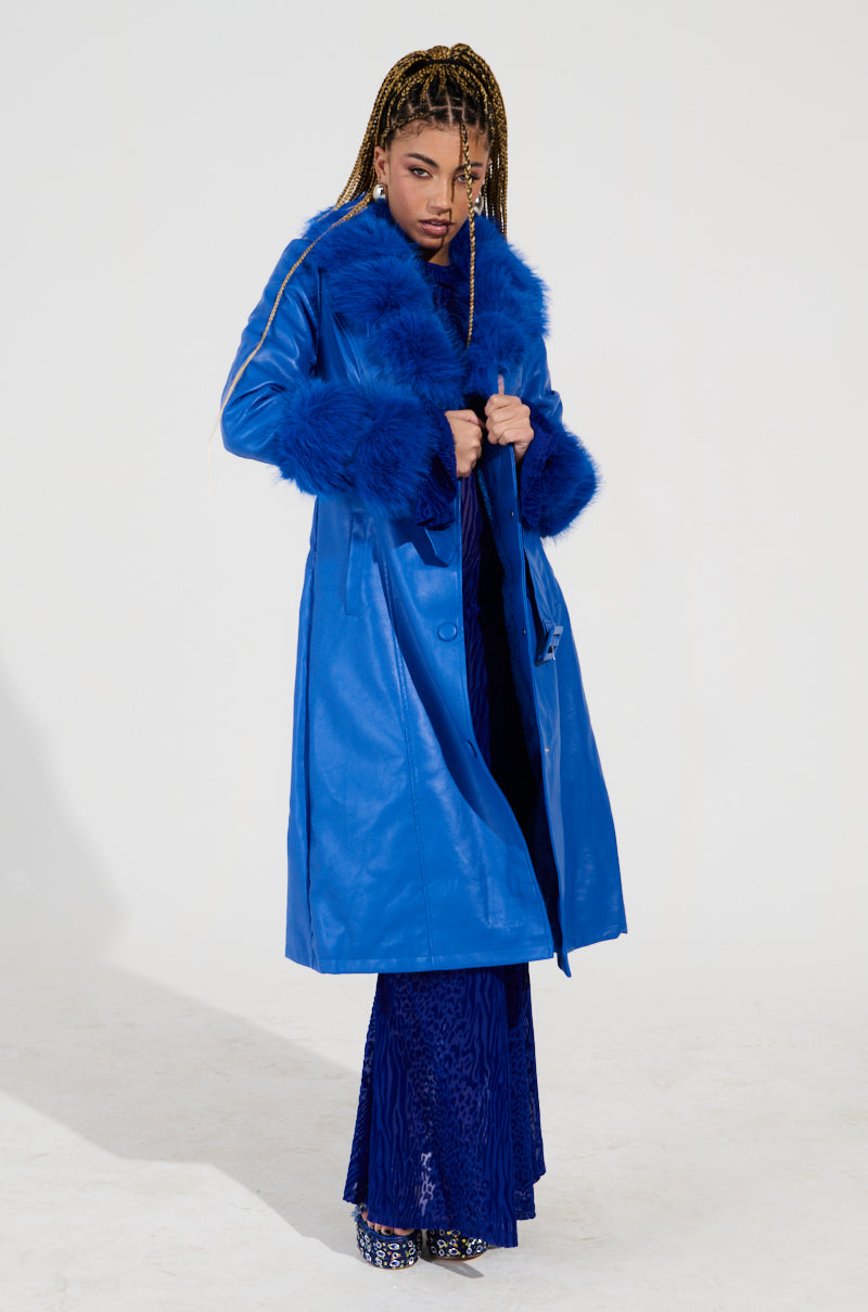NEW KAYA FUR LINED TRENCH IN BLUE AKIRA NEW KAYA FUR LINED TRENCH IN BLUE AKIRA