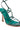 The AZALEA WANG KAYLIN GREEN SNAKE SANDAL is showcased in a close-up, highlighting its captivating snakeskin pattern. This high-heeled design features multiple thin straps and an elegantly wrapping ankle strap. The sandal is completed by a green insole and a sleek stiletto heel, creating a striking look.