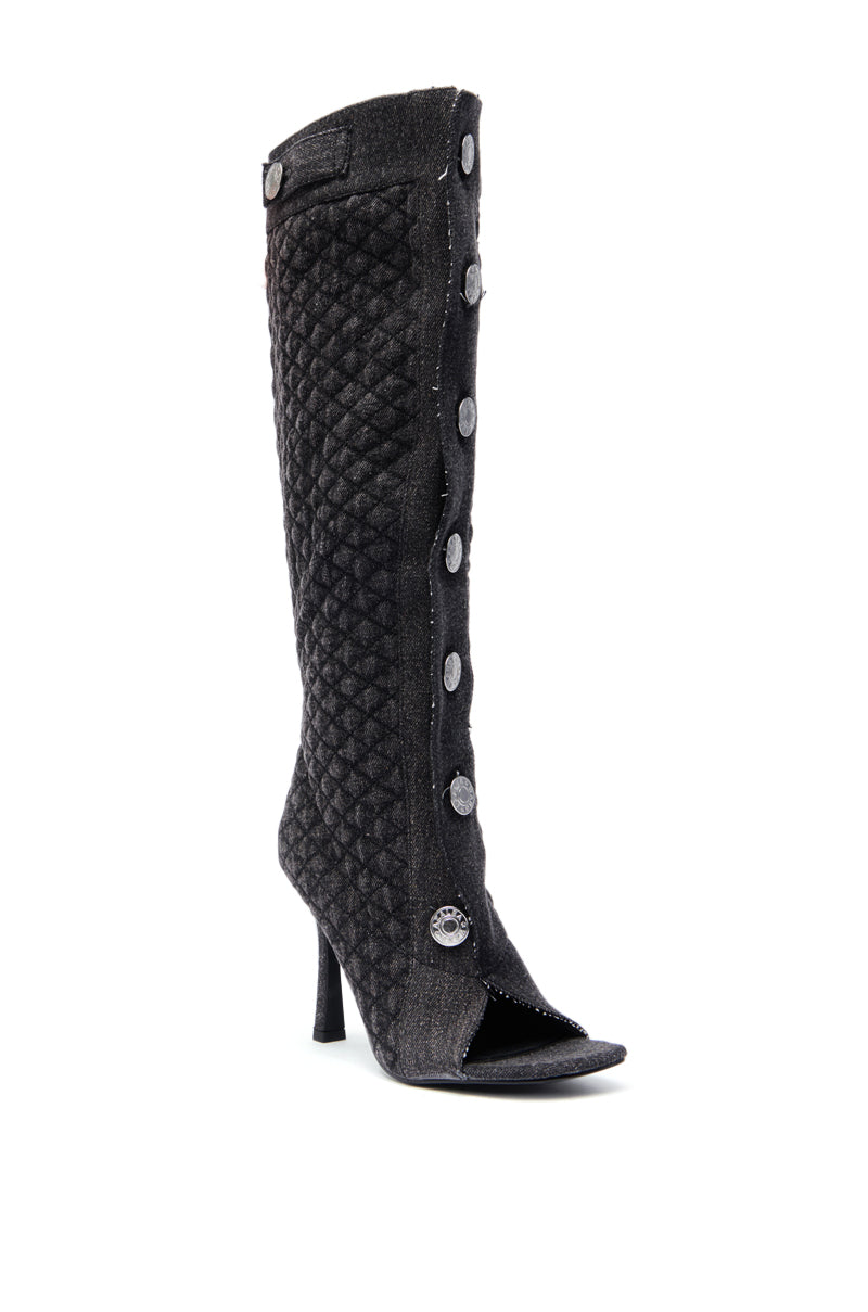 The AZALEA WANG KAZUKI Grey Quilted Denim Boot is a knee-high, stiletto heel boot featuring a quilted design, peep toe, and large silver buttons down the front for a bold statement look. 4