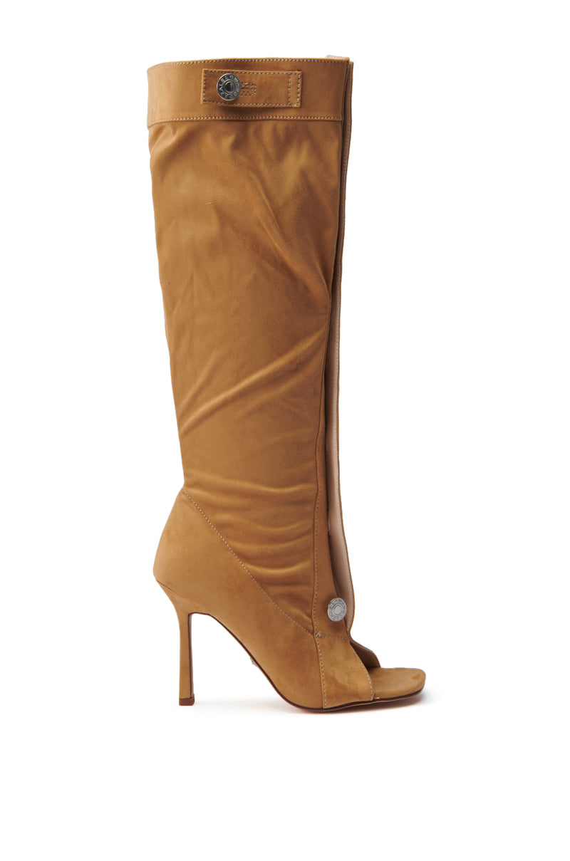 Step out in style with the AZALEA WANG KAZUKI TAN SLOUCHY SUEDE OPEN TOE BOOT—knee-high, tan faux suede, stiletto heel, front seam, and metallic buttons for a chic finish.