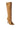 The AZALEA WANG KAZUKI Tan Slouchy Suede Open Toe Boot features faux suede, a stiletto heel, side buttons, and a decorative top strap, shown against a white background.