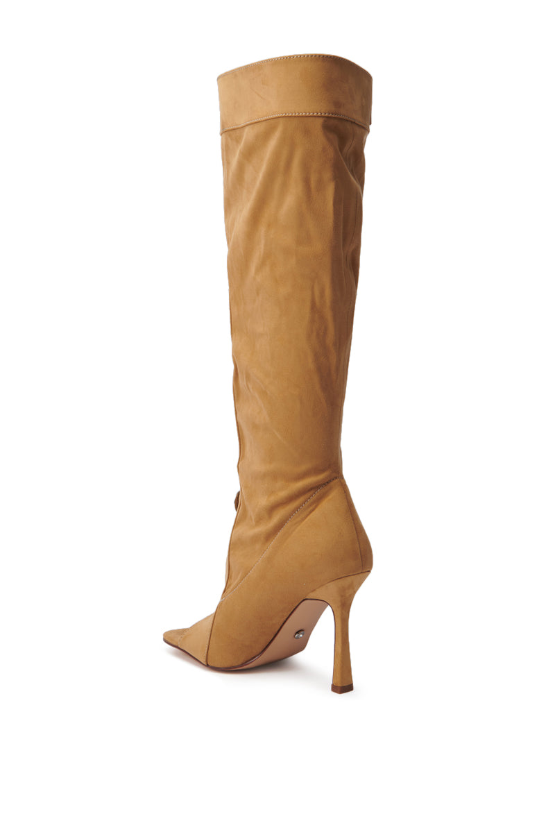The AZALEA WANG KAZUKI TAN SLOUCHY SUEDE OPEN TOE BOOT features a pointed toe and high stiletto heel, crafted from soft faux suede, shown against a white background.