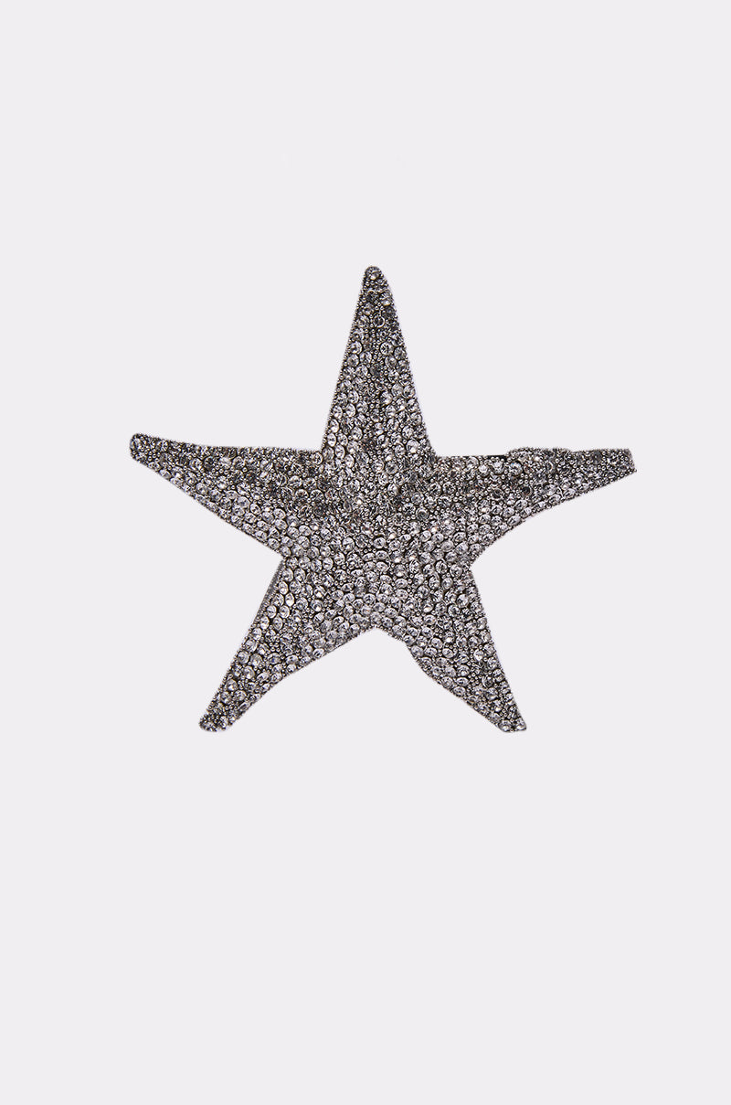 The IBIZA EARRING is a metallic, textured five-pointed star adorned with rhinestone embellishments, displayed against a plain white background. 4