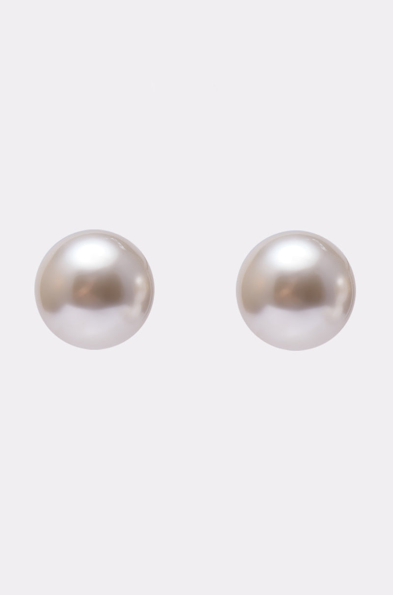 The TIFF EARRING features round, white pearls with gold-tone accents, displayed against a plain light gray background. 2
