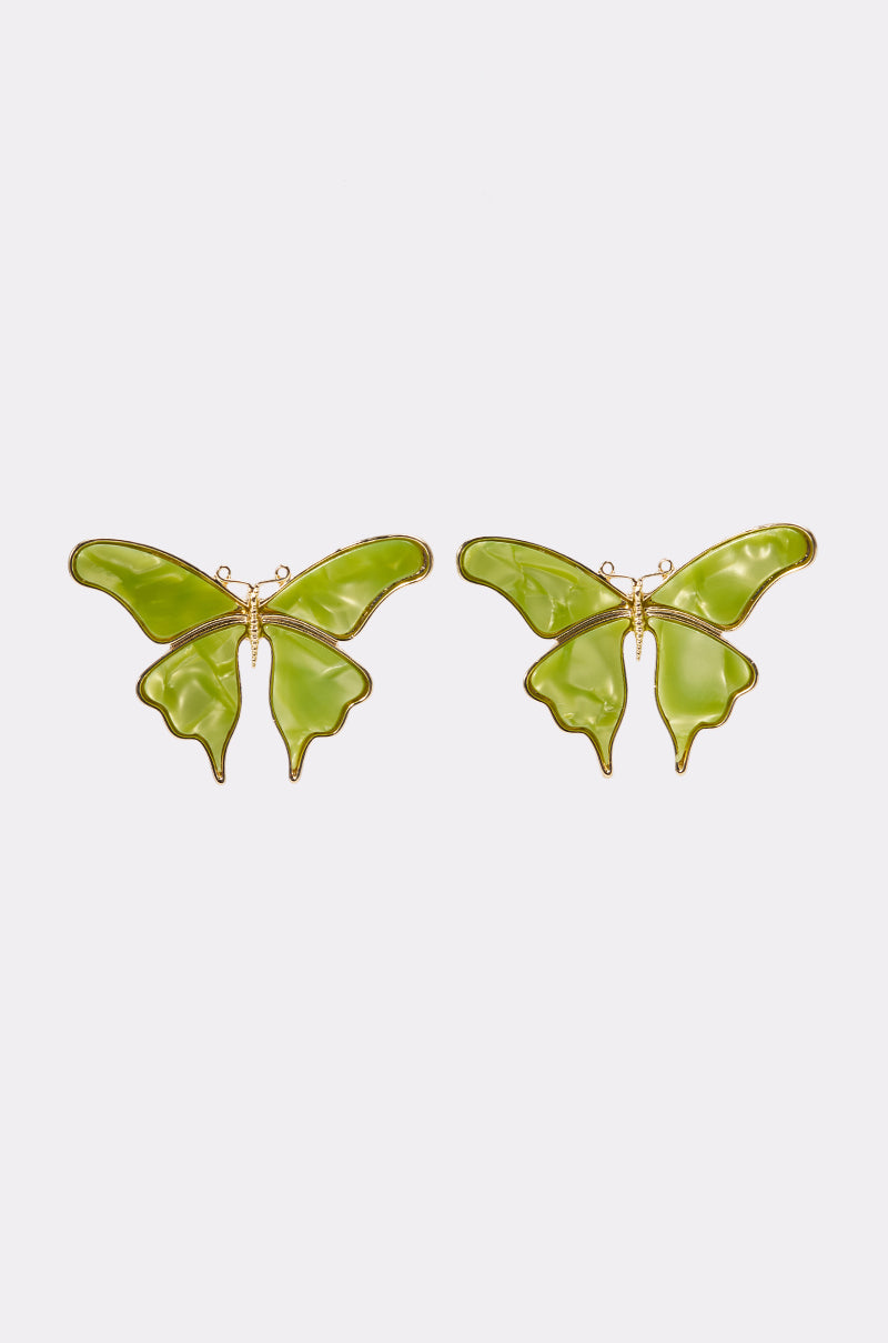 FLY AWAY EARRING: Green butterfly stud earrings with gold outlines, shown on a white background—ideal festival accessories to add a cheerful touch to any outfit.