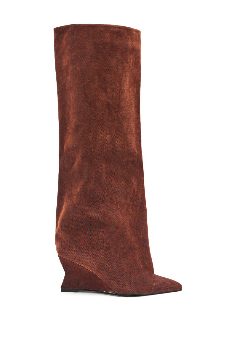 The AZALEA WANG KENYA Burnt Orange Velvet Knee High Wedge Boot features a pointed toe and sleek seamless design, photographed from the side against a white background.