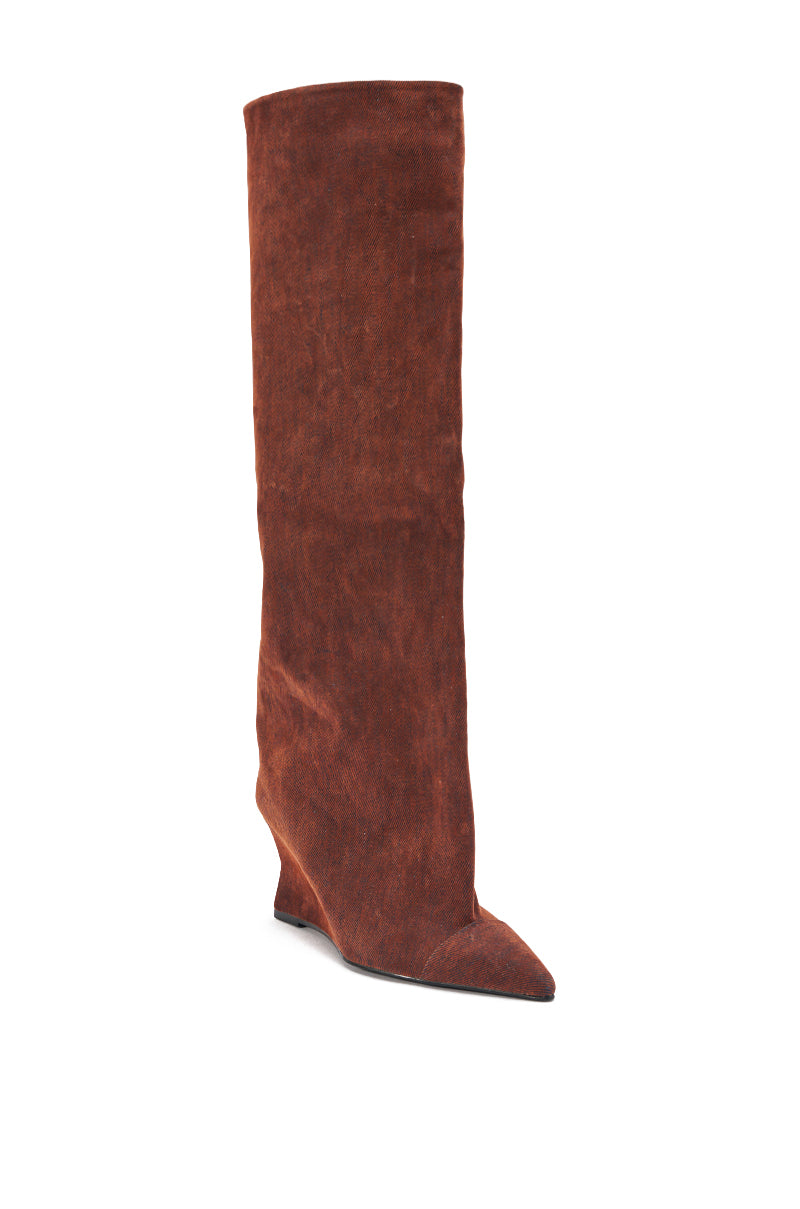 A single AZALEA WANG KENYA burnt orange velvet knee-high wedge boot with a pointed toe, photographed against a white background.