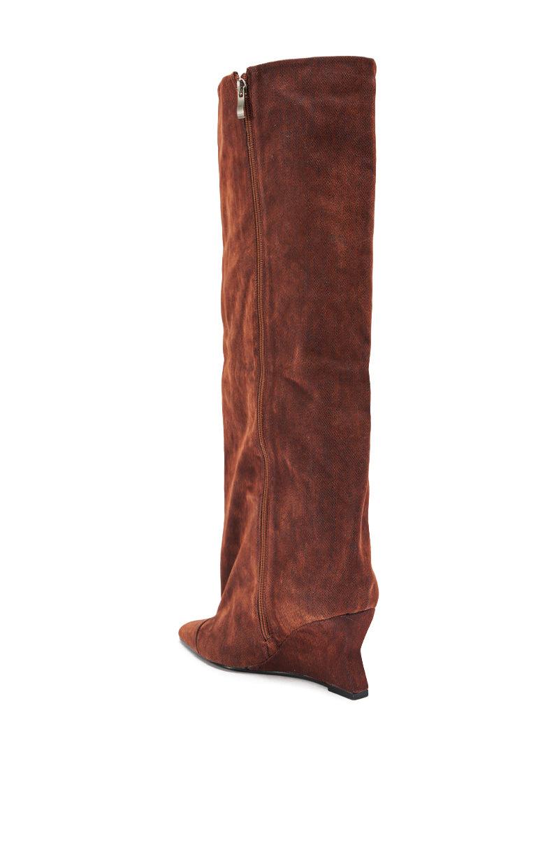 The AZALEA WANG KENYA BURNT ORANGE VELVET KNEE HIGH WEDGE BOOT features a pointed toe, side zipper, and low wedge heel, shown against a white background.