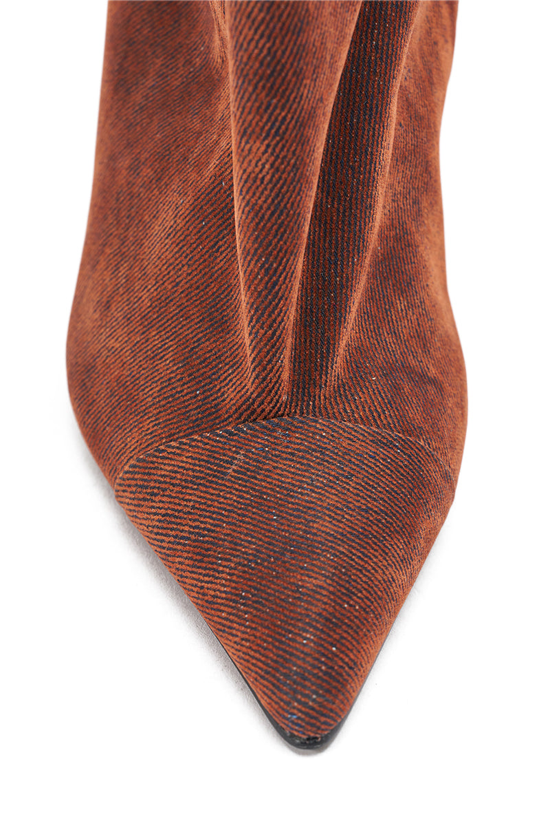 Close-up of the pointed toe of the AZALEA WANG KENYA BURNT ORANGE VELVET KNEE HIGH WEDGE BOOT, highlighting its textured velvet fabric and fine vertical lines.