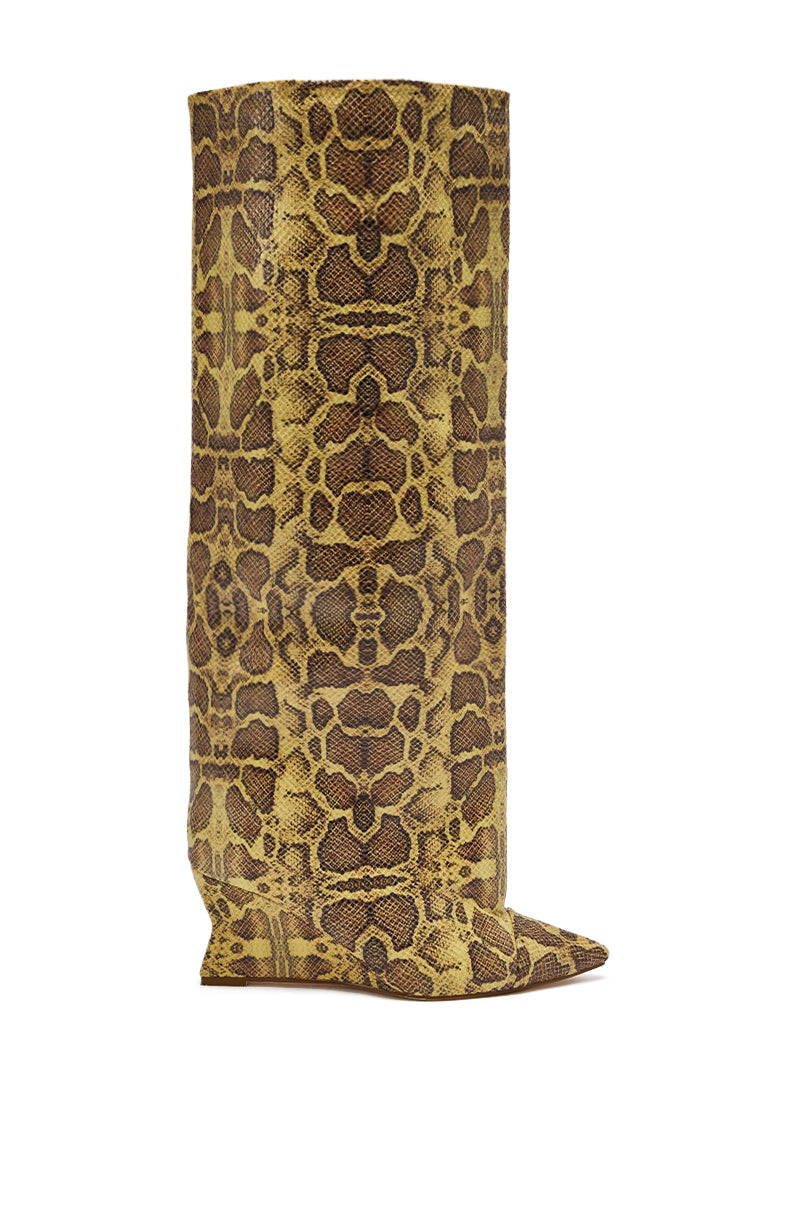 The AZALEA WANG KENYA Yellow Snake Print Knee High Wedge Boot features a pointed toe and flat sole, shown in a side profile against a white background.