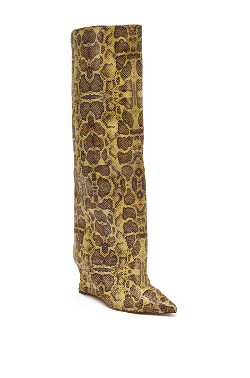 The AZALEA WANG KENYA Yellow Snake Print Knee High Wedge Boot features a pointed toe, faux leather, and a bold brown and yellow snake print design, displayed on a white background.