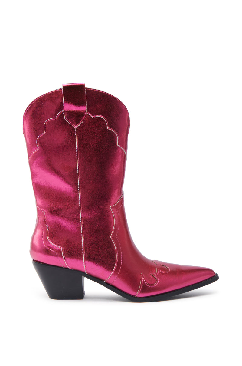 The KITTY HOT PINK WESTERN BOOTIE is a shiny, metallic pink piece, crafted from faux leather with decorative stitching and a pointed toe. It includes a pull tab and features a chunky black heel, all set against a white background.