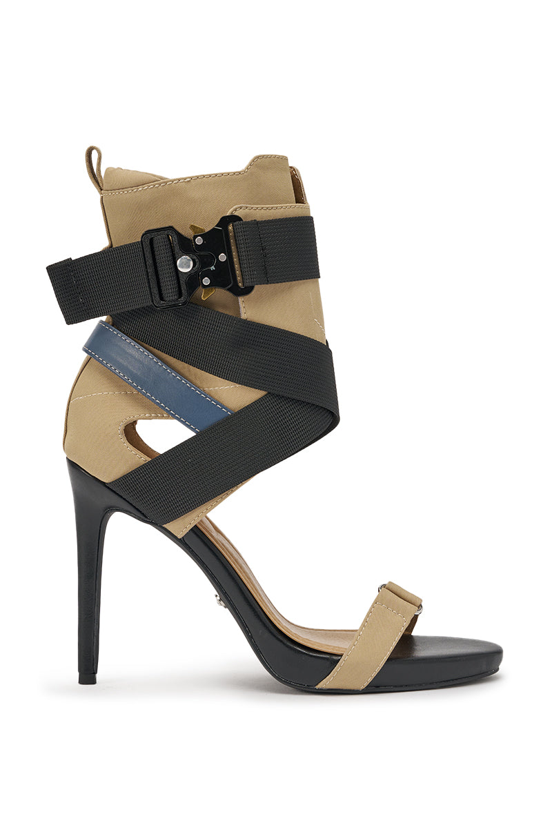 The AZALEA WANG KIVA KHAKI STILETTO SPORTY SANDAL features a black stiletto heel, beige upper, blue crisscross elastic straps, unique buckle detail, comfort cushion insole, open toe, and chic cutout design. 3
