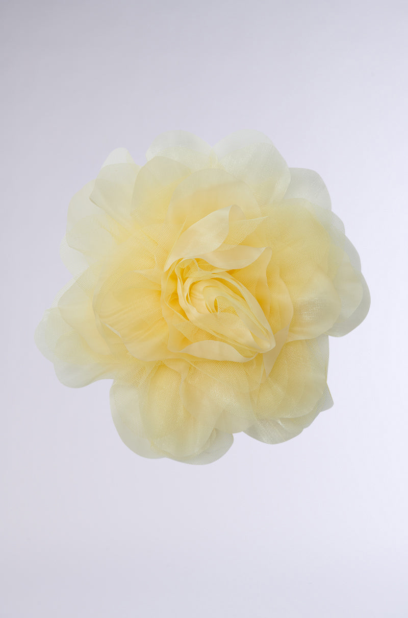 A pair of SO BABY OVERSIZED FLOWER STUD EARRINGS, with soft, translucent layers in light yellow, is centered against a plain white background, resembling the delicate texture of a tulle base. 3
