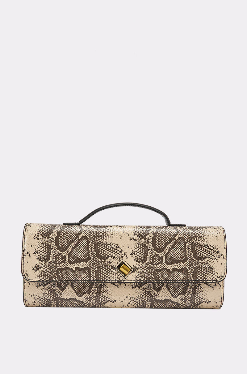 The I BITE PURSE is a rectangular beige and brown faux leather snakeskin clutch featuring a top handle and gold square front clasp. 0