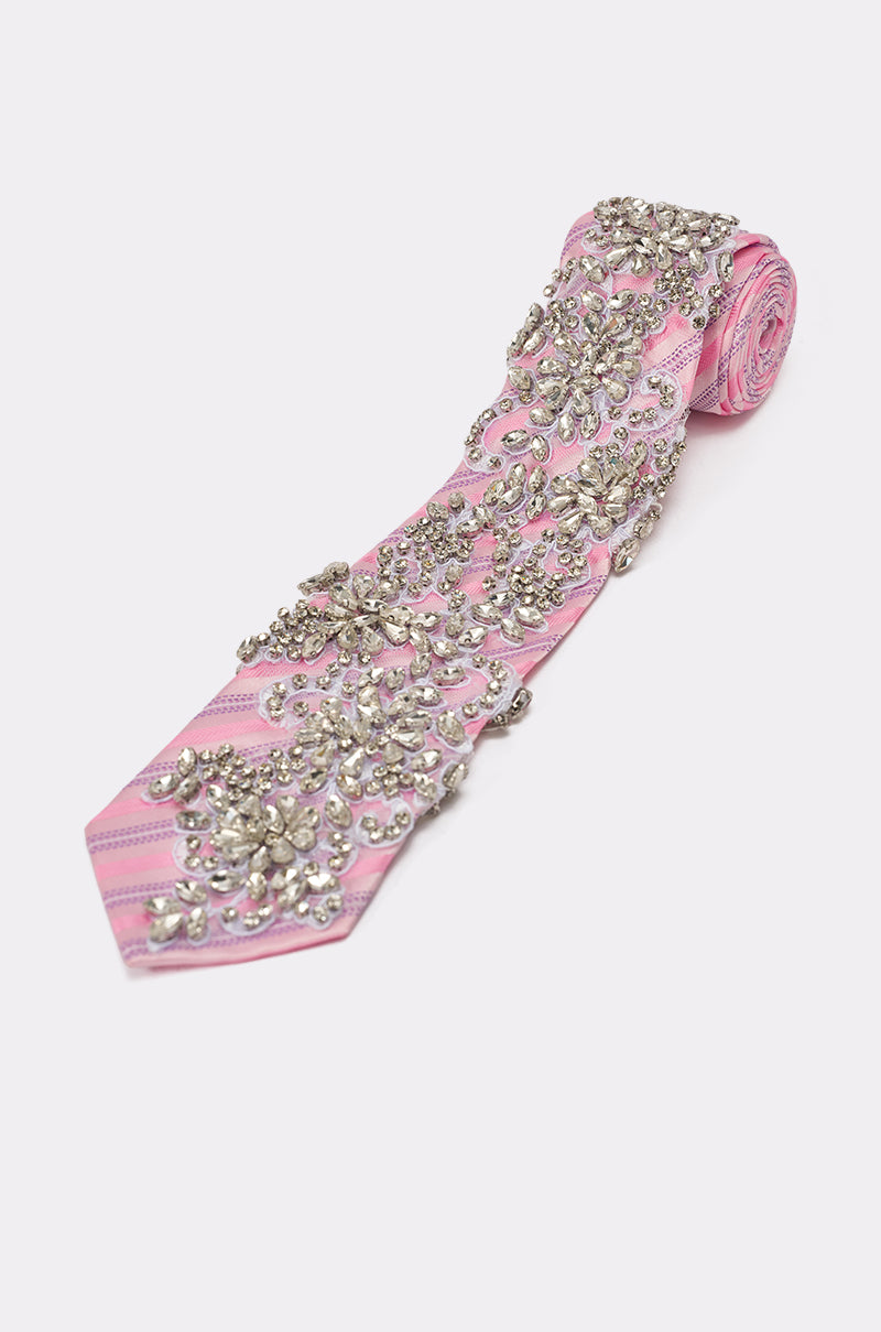 The FEMME APPLIQUE TIE features pink stripes, light patterns, and intricate silver embellishments with rhinestone detailing, shown against a plain white background. 4