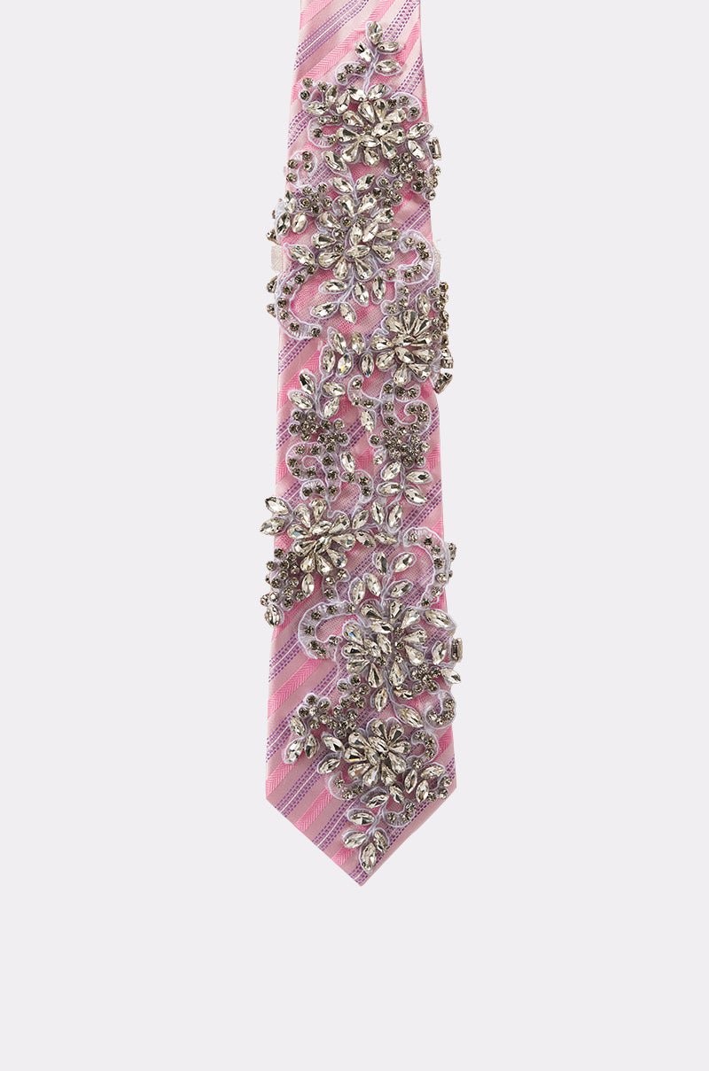 The FEMME APPLIQUE TIE is a pink striped necktie featuring elegant floral patterns with sparkling silver and rhinestone detailing. 5