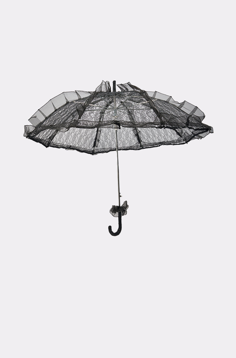 The UNDER MY SPELL LACE UMBRELLA, shown open from the side against a white background, features vintage-inspired black lace with ruffled, scalloped edges and a curved handle for an elegant look. 5