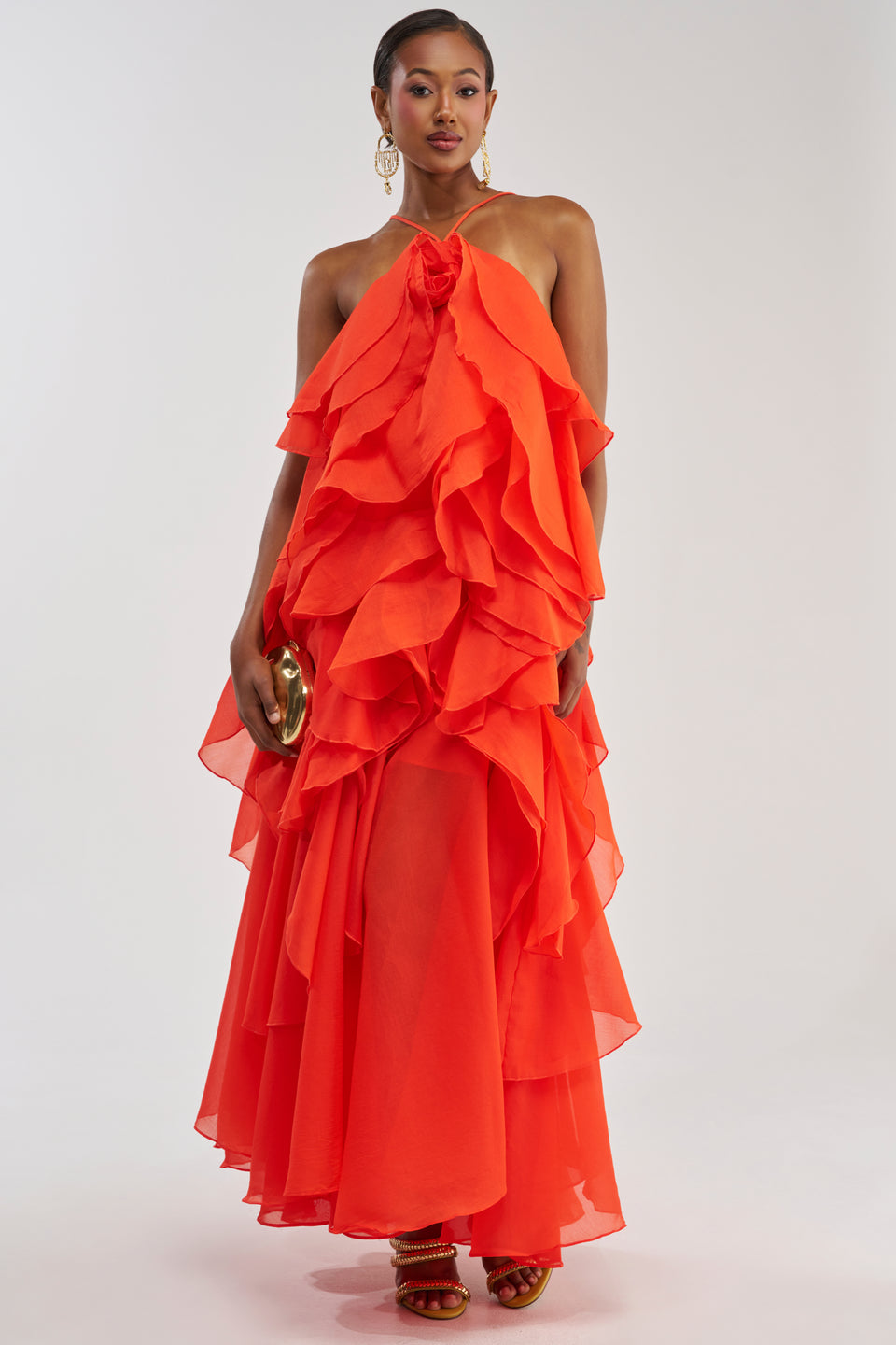 floral chiffon maxi dress Pink Strapless Gown with Ruched Detail 100% polyester chiffon with a soft Caroline Flutter Sleeve Crinkle Chiffon