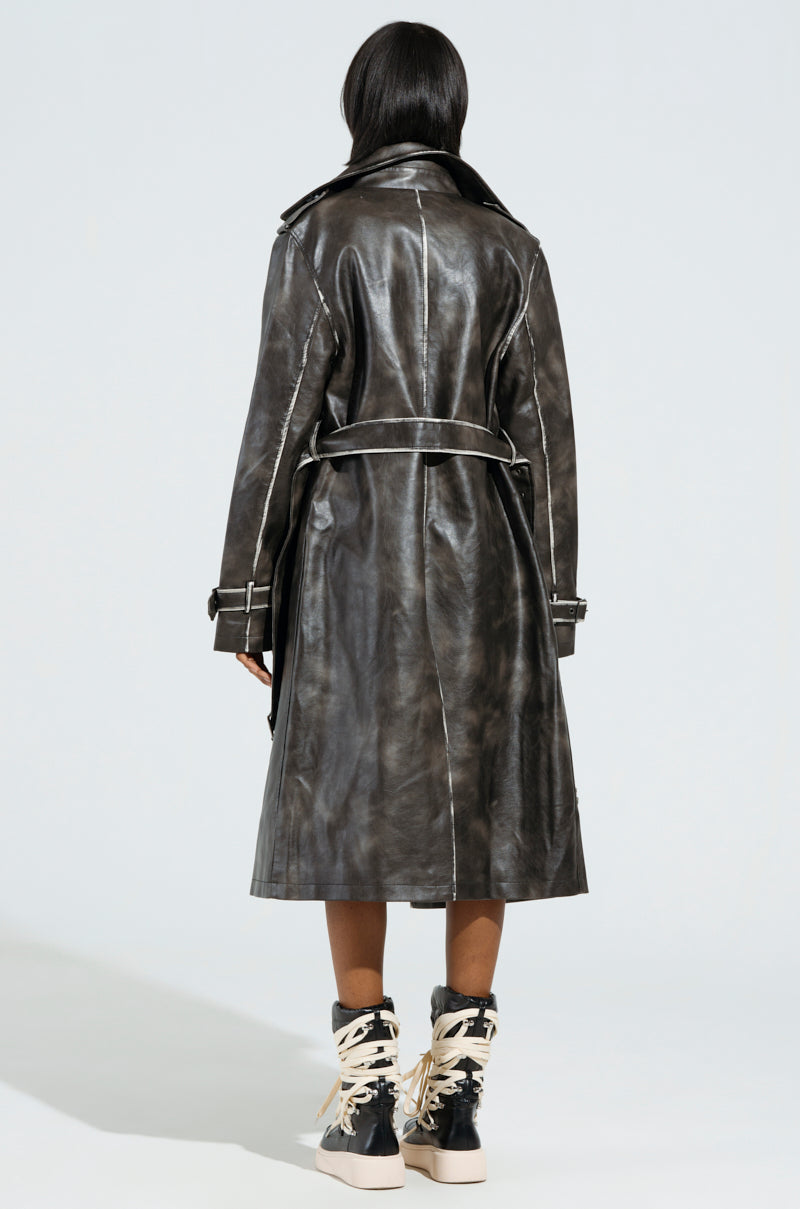 【Ameri】RAFFINE FAKE LEATHER TRENCH COAT AU REVOIR FAUX LEATHER TRENCH IN BROWN – AKIRA