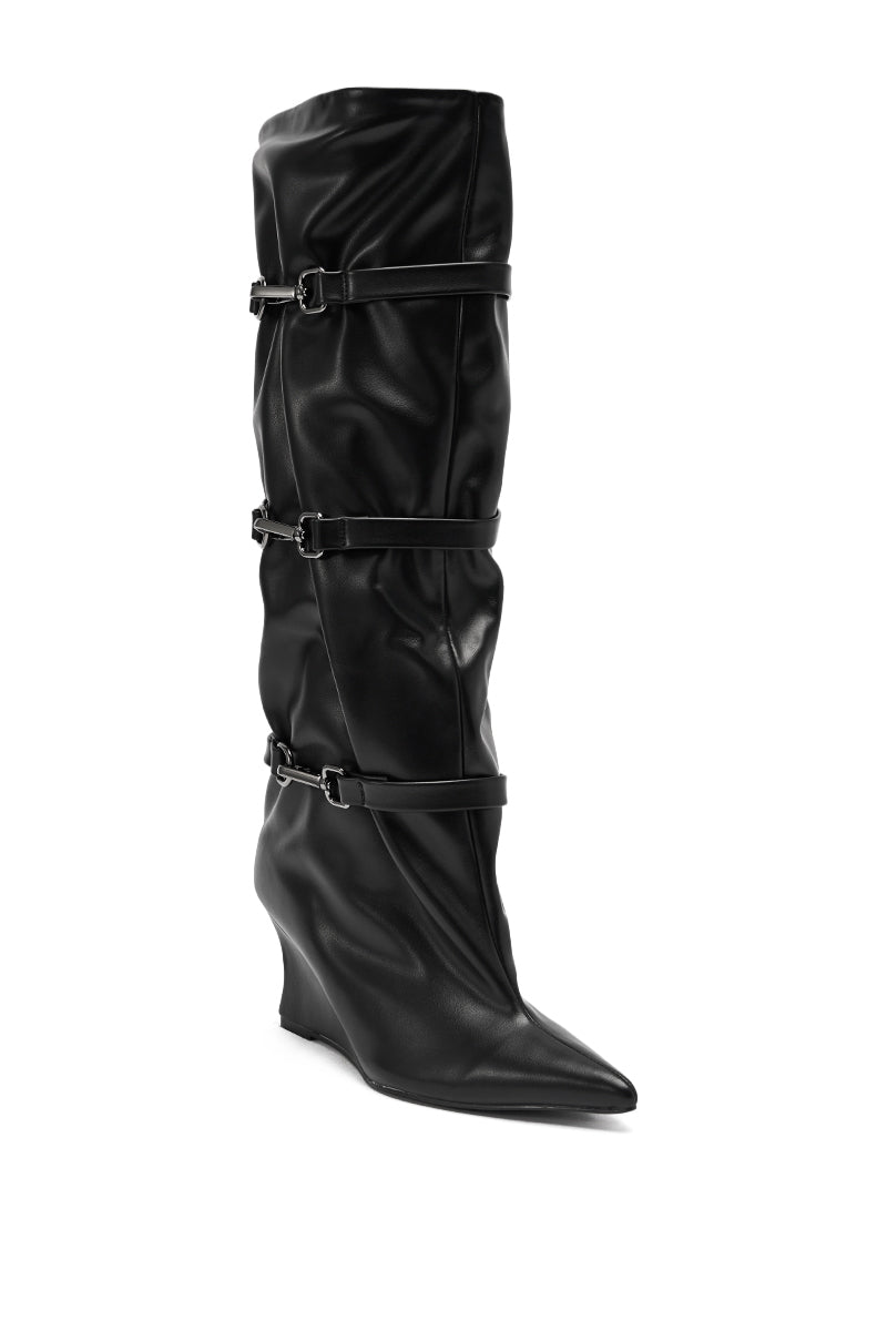 The AZALEA WANG KULLERVO BLACK SILVER CLASP DETAIL WEDGE BOOT is a knee-high black boot made of sleek faux leather, featuring silver clasp details and a comfortable wedge heel.