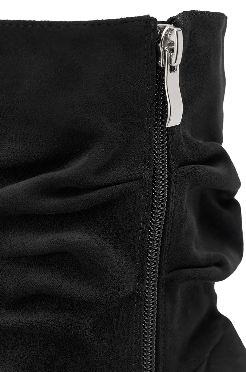 Close-up of the AZALEA WANG KYVELISA Black Wedge Open Toe Bootie, featuring black faux suede, a silver zipper, ruched detailing, and an inverted wedge heel. 5