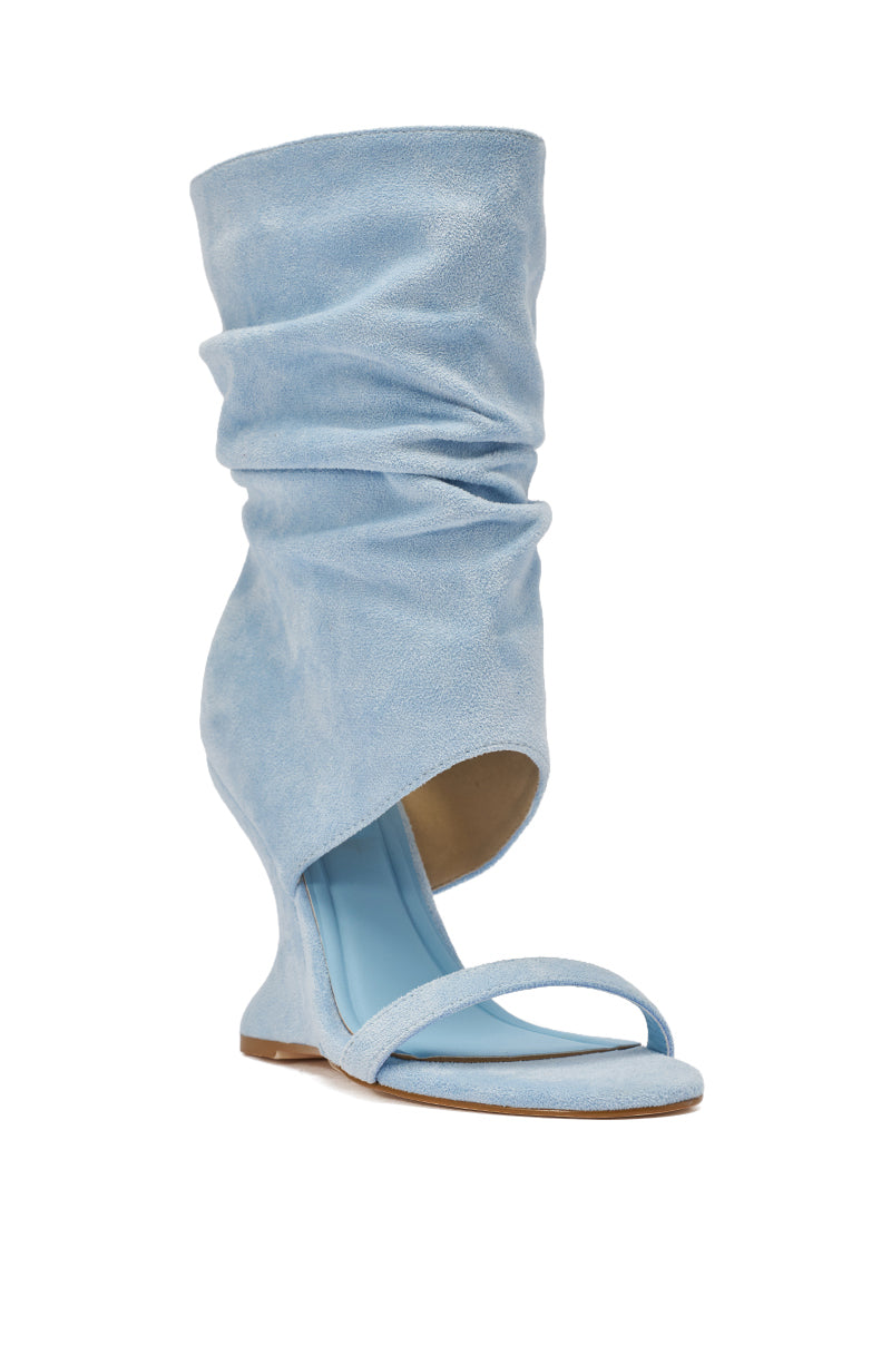 The AZALEA WANG KYVELISA BLUE WEDGE OPEN TOE BOOTIE features light blue faux suede, a flat sole, open toe, and a high slouchy ruched shaft covering the ankle and lower calf, with a minimalist front strap for an elegant touch. 5