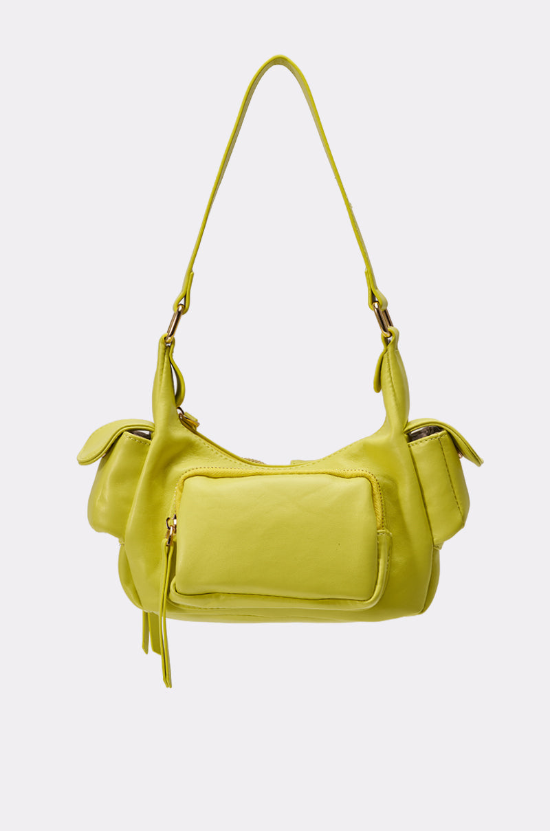 The LIFE GIVES YOU LEMONS PURSE is a neon yellow faux leather bag with utility pockets—front zippered, two side—and a single strap, shown on a plain light background. 4