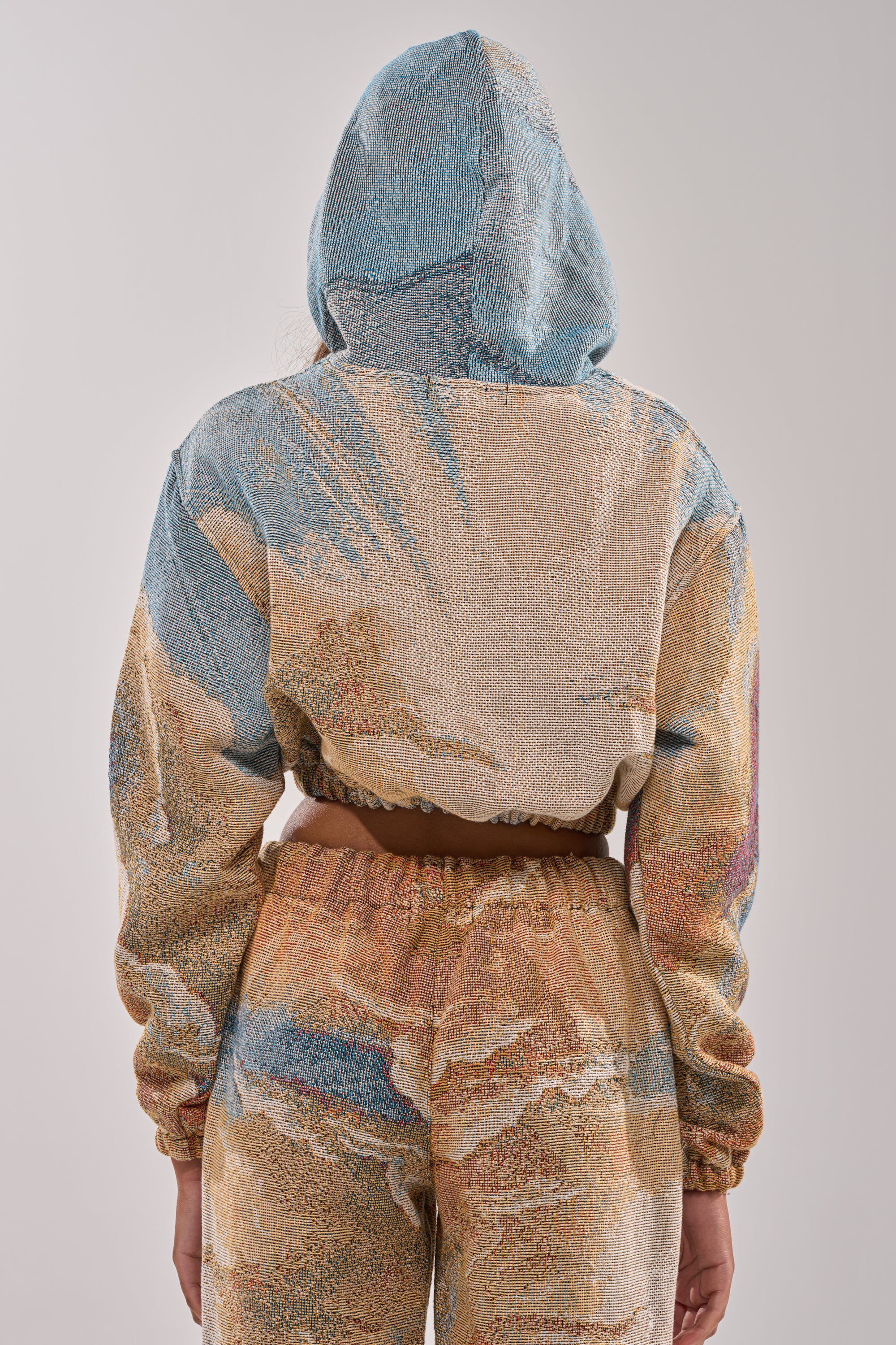 A person stands with their back to the camera, hood up, wearing the INTO THE WILD SWEATSHIRT. The hoodie features an abstract earth-tone landscape pattern, creating a vintage streetwear look. 4