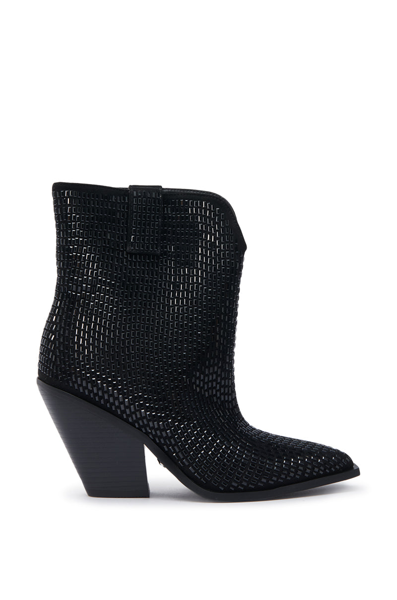 The AZALEA WANG LAETITIA BLACK SPARKLE COWBOY BOOTIE is a black, mid-calf boot with a pointed toe, mesh-like woven texture, and chunky stacked heel, shown in profile against a plain white background. 2