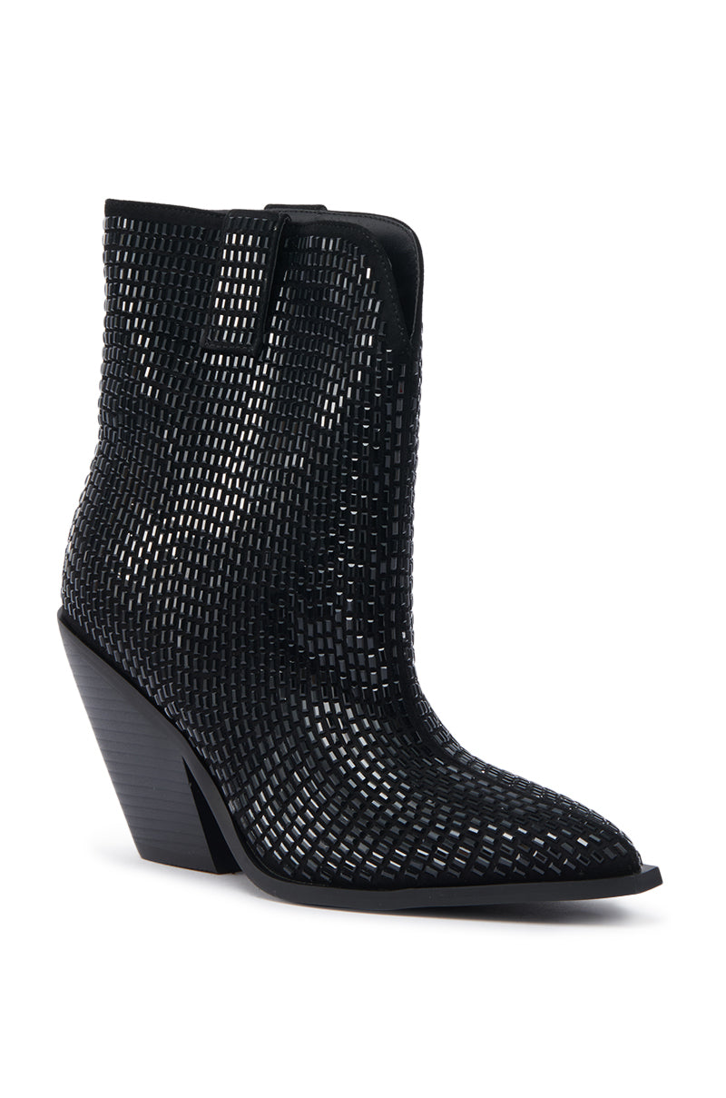 The AZALEA WANG LAETITIA BLACK SPARKLE COWBOY BOOTIE is a black ankle boot with a pointed toe, glossy woven texture, chunky angled heel, and an open-weave pattern for standout cowgirl style. 3