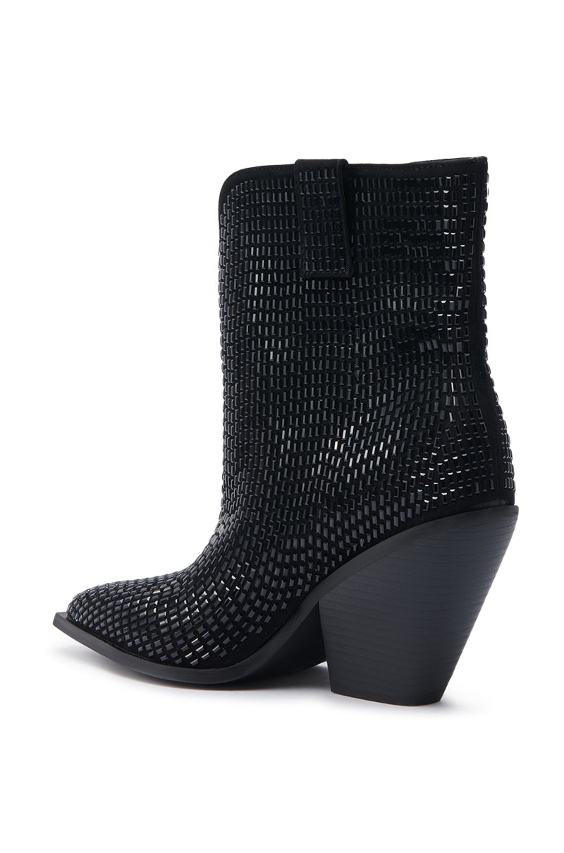 The AZALEA WANG LAETITIA BLACK SPARKLE COWBOY BOOTIE features a black woven, perforated texture, pointed toe, mid-high chunky angled heel, and smooth edges for Rhinestone Cowgirl style, shown against a white background. 4