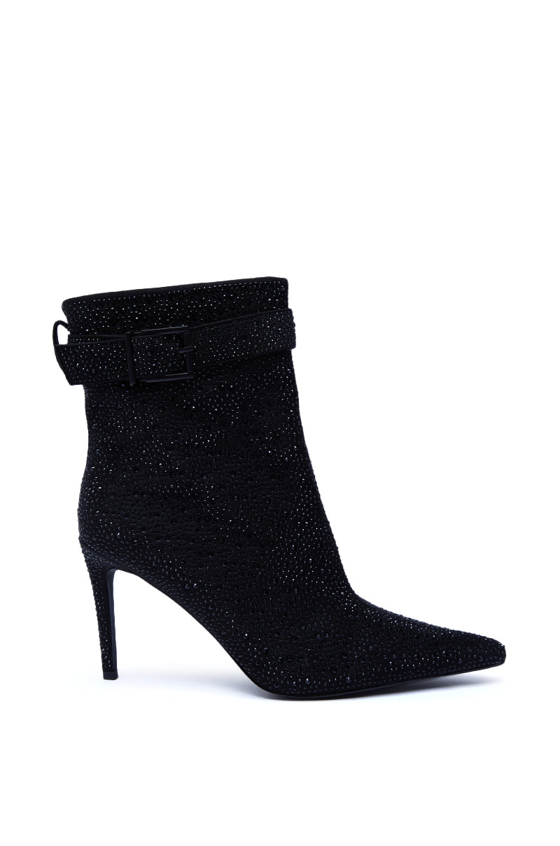 The AZALEA WANG LAKSHMI BLACK SPARKLE RHINESTONE STILETTO BOOTIE features black suede, a pointed toe, stiletto heel, textured fabric, ankle strap with buckle, and sparkling rhinestone embellishments—perfect for a night out.