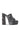 The AKIRA LAMONT SNAKE SANDAL CHUNKY PLATFORM is a high-heeled, open-toe mule with a chunky platform and heel, crafted in gray and black faux snakeskin leather with an easy slip-on design.