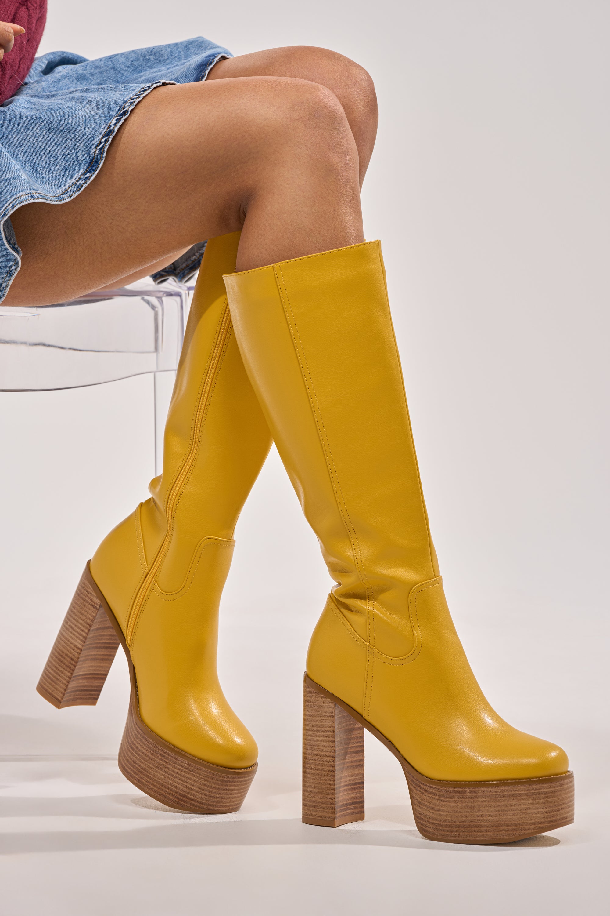 AZALEA WANG LANDRY YELLOW PU WOOD STACK PLATFORM BOOT – AKIRA